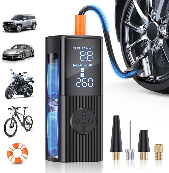 Tire Inflator Portable Air Compressor, 180PSI Cordless Air Pump with Digital Gauge, LED Light, 3X Faster Air Compressor for Cars, Motorcycles, Bicycles, Balls