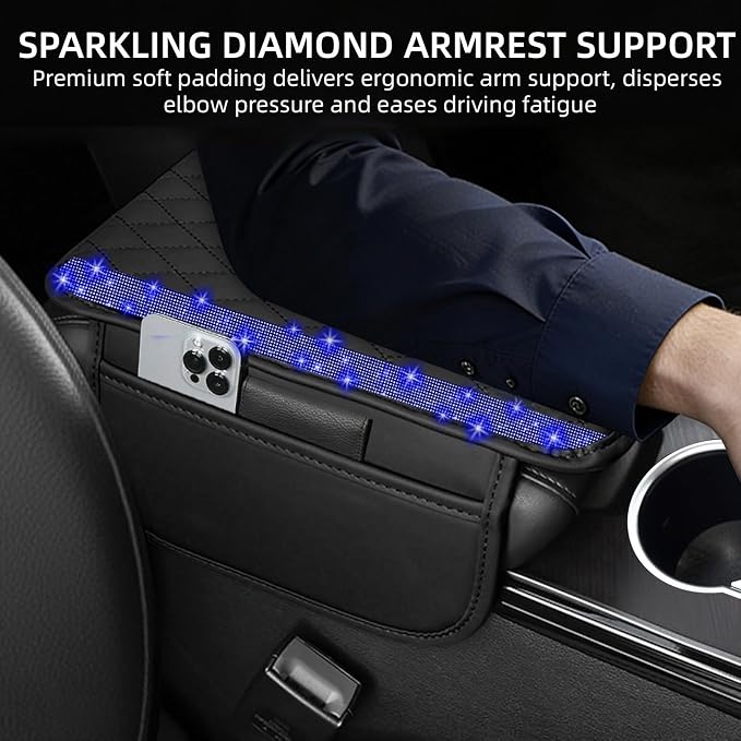 Bling Car Center Console Cover, Leather Car Arm Rest Cover Cushion with 2 Storage Bags, Universal Automotive Armrest Protector Storage Box, Bling Accessories Interior for Most Vehicles (Blue)