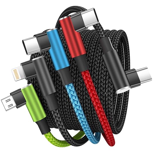 Travel Vacation Essentials USB C Multi Charging Cable, Right Angle 4 in 1 Charging Cable, Phone Charger Cords with IP/Type C/Type C/Micro Port, Compatible with Most Cell Phones and More（1Pack 5FT）