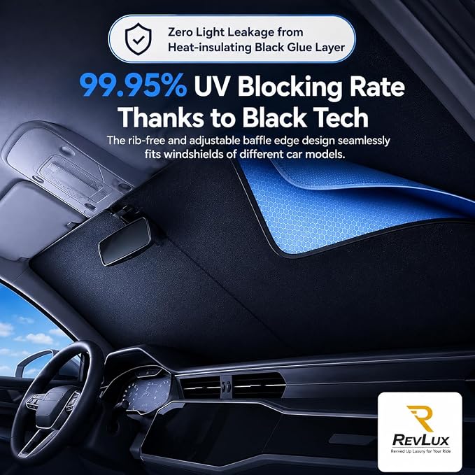[2026 Upgrade] RevLux Car Windshield Sun Shade | Keeps Car Cooler, Sun & Heat Protection | Double Thickened Ice-Core Cooling Fabric | Zero Light Leakage | Foldable Sunshade (SUV/Truck - 59"x33")