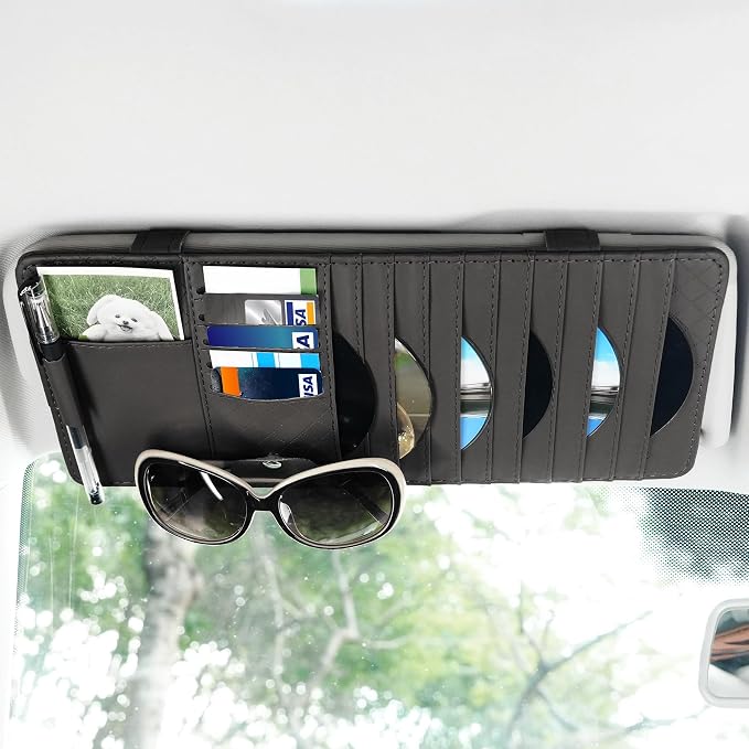 Sun Visor CD Case Holder for Car - Multi-Function Visor Organizer with CD/DVD Storage, Eyeglass Clip, Card Slots & Pen Holder, Durable Leather Car Accessories (Black)