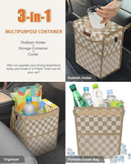 Car Trash Can with Lid, Cute Leakproof Car Trash Garbage Bag Hanging Vehicle Trash Bin Small Portable Automotive Garbage Cans Organizer for Back/Front Seat(Trapezoid,Khaki Checkered)