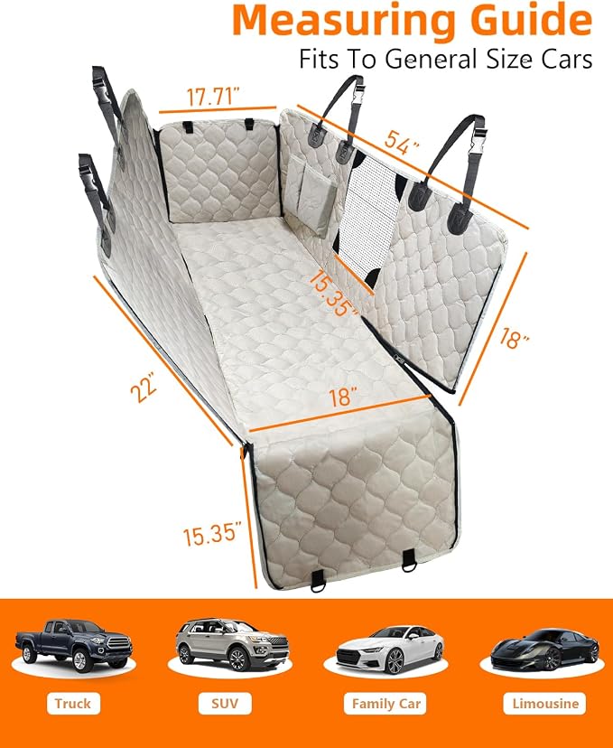Dog Car Seat Cover with Mesh Window, 100% Waterproof Pet Seat Cover for Back Seat, Scratchproof Dog Hammock for Cars, Trucks, SUVs, Jeeps, Beige