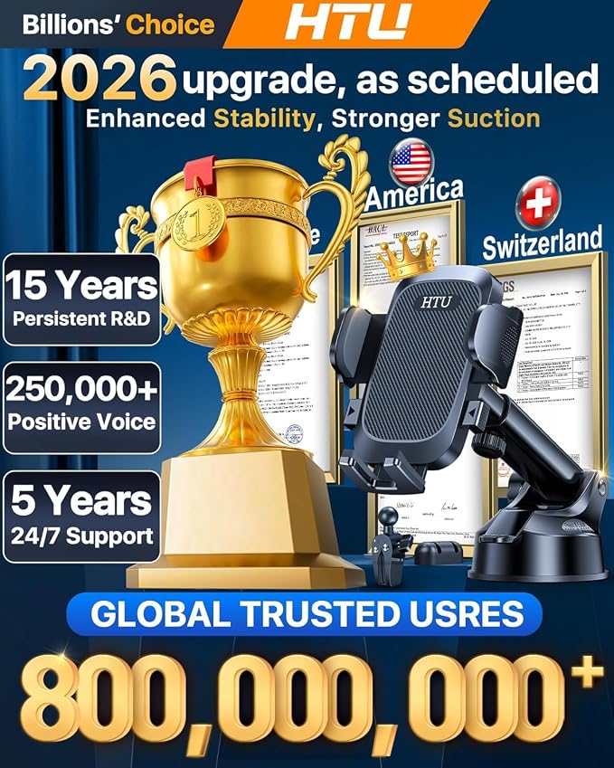 HTU Car Phone Holder【2026 Upgraded 100+LBS Suction & Safety Cert】 Cell Phone Car Mount for Truck Heavy Duty Phone Holder for Dashboard/Windshield/Vent for iPhone 17 16 Pro Max, Dark Black