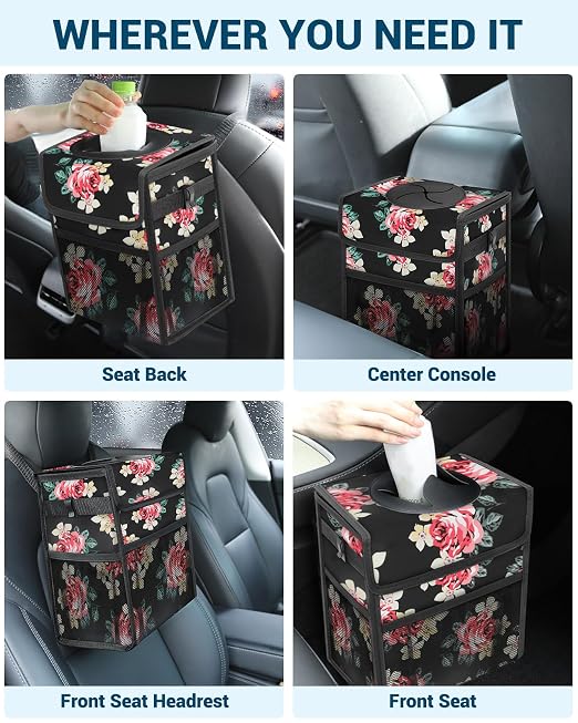 Car Trash Can with Lid, Leakproof Car Trash Bag Hanging Waterproof Automotive Garbage Can with Storage Pockets Mini Vehicle Trash Bin for Back/Front Seat(Flower,2.5 Gallon)