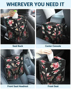Car Trash Can with Lid, Leakproof Car Trash Bag Hanging Waterproof Automotive Garbage Can with Storage Pockets Mini Vehicle Trash Bin for Back/Front Seat(Flower,2.5 Gallon)