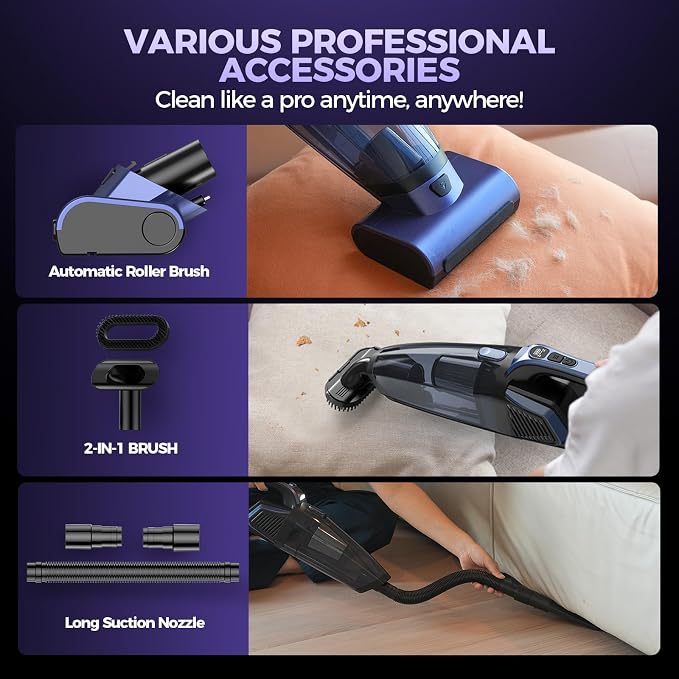 Pet Hair Handheld Vacuum Cordless: 20000PA High Power Car Vacuum with Motorized Brush and LED Light, Rechargeable Hand Held Vacuum Cleaner with Reusable Filter for Car, Home, Office & Pet, Blue