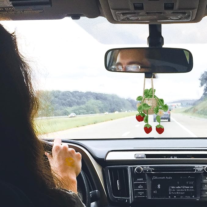 Crochet Hanging Plant for Car,Car Decorations Interior,Plant Strawberry Aesthetic Car Accessories for Women Interior Cute,Car Ornaments Charms for Rear View Mirror,Boho Car Decoration Gifts