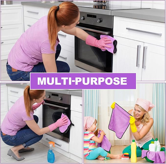 12 Pcs Microfiber Towels for Cars, 800 GSM Plush Drying Cleaning Cloth Bulk, 16 x 16 Inch Thick Absorbent Wash Detailing Towels for Car Polishing, House, Kitchen Cleaning(Purple)