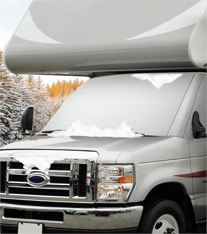 RV Windshield Cover for Ford E450,E350,E250,Econoline,Club Wagon 1997-2026 Motorhome,Thick Oxford Front Window Sunshade Cover, Class C RV Windshield Shade for Ice & Snow,with Mirror Cutouts