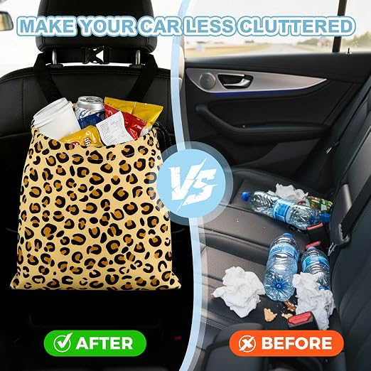 Yellow Leopard Pattern Car Trash Bag - Waterproof Car Trash Bag Hanging Leakproof Car Garbage Bag - Washable Reusable Trash Bag For Car Interior Hanging Organizer Storage Vehicle Travelling Camping