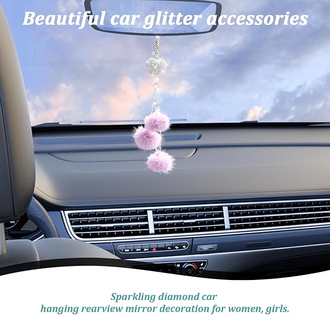 Bling Diamond Heart Car Interior Accessories, Car Mirror Hanging Ornament for Women, Love Heart & Pink Plush Ball Decor Ornament Pendant (Light Purple)