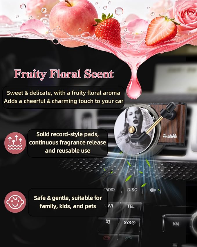 Record Player Car Air Freshener Vent Clip, 12PCS Vintage Album Style Refill Pads, Air Freshener Car Decor Accessories, Pink Fruity Floral Scent Air Fresheners for Car, Music Lovers Gifts