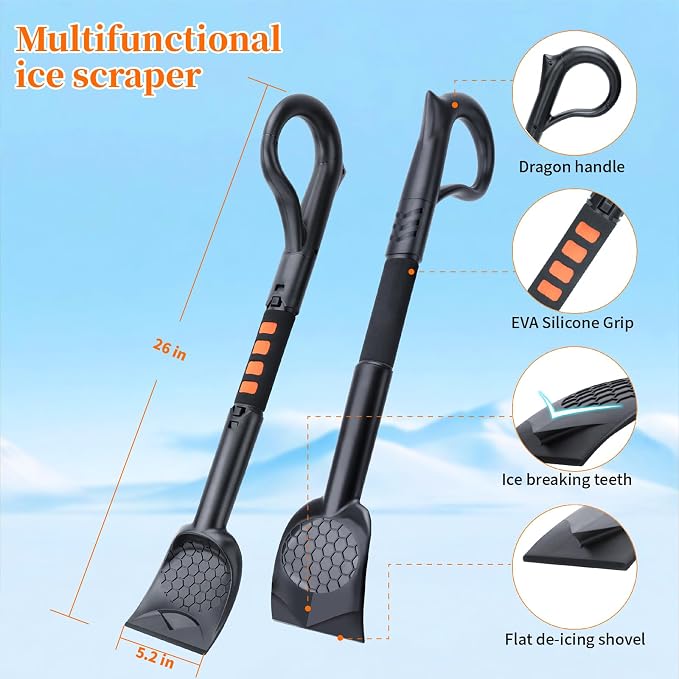 3-in-1 Ice Scraper for Car Windshield,25.8 inch Emergency Snow Shovel with 5.2inch Shovel Blade,Detachable Snow Scrapers with Ergonomic Soft Foam Grip for Cars, Trucks, SUVs, Vehicle(Orange)