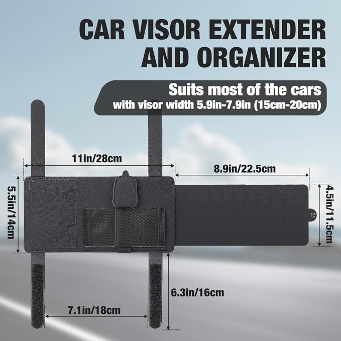 Sun Visor Extender for Car, Sun Blocker with Magnetic Sunglass Holder Hanger Clip, Ticket Card Organization Pouches, Side Sunshade Visor Organizer Accessories, Black
