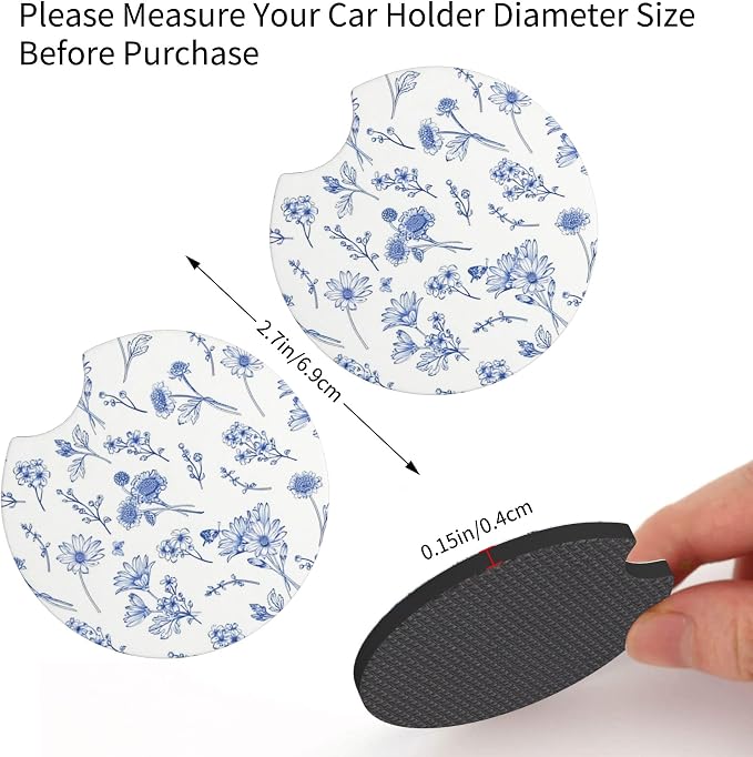 Flowers Blue Steering Wheel Cover - Watercolor Blue Flowers Steering Wheel Cover Anti-Slip Universal Breathable 14-15-in 2 Car Cup Coasters for Men Women