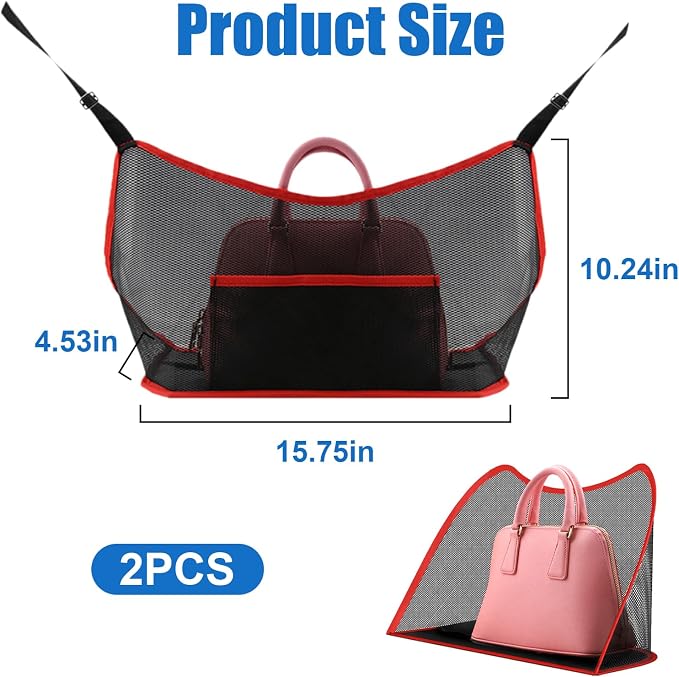 2 PCS Car Net Pocket Handbag Holder, Organizer Mesh Bag Between Two Seat, Driver Storage Netting Pouch for Handbag Purse, Barrier of Backseat Pet, Car Accessories for Women Men (Black & Red)