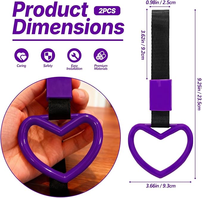 2 Pcs Heart Shaped Car Handle Strap – JD M Drift Charm Rear Bumper Warning Ring Decor for Car Interior Exterior, Subway Bus Handle Accessory, Cute Heart Car Decor Gift for Drivers (Purple)