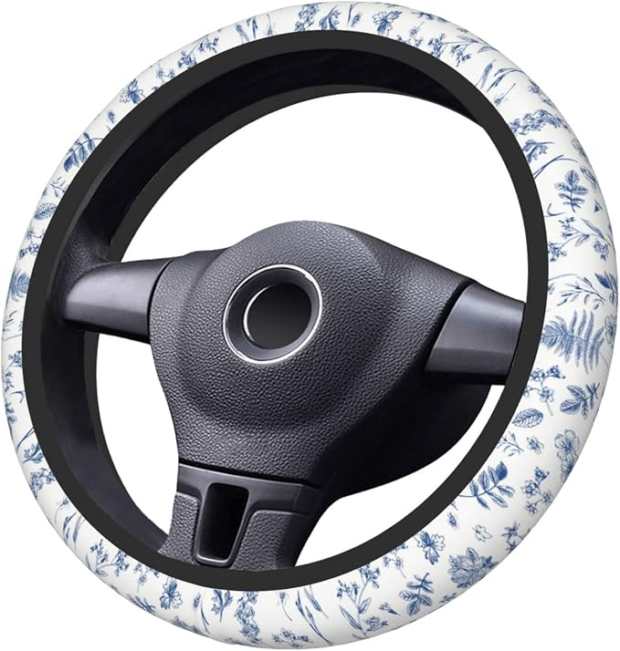 Vintage Blue Flower Steering Wheel Cover Car Decor