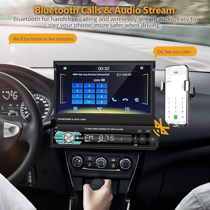 Single Din Carplay Car Stereo with Bluetooth AHD Backup Camera, 7 Inch flip Out Touch Screen Car Radio MP5 Player Support Android Auto, Mirror Link, USB, TF, FM Radio, Aux-in, SWC