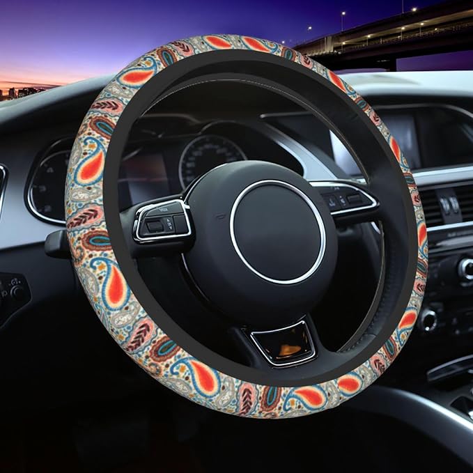 70s Disco Shirt Paisley Steering Wheel Cover Car Accessories Cute for Women Girls Girly Universal 15 Inch Neoprene Auto Interior Decor Anti Slip Car Truck Protector