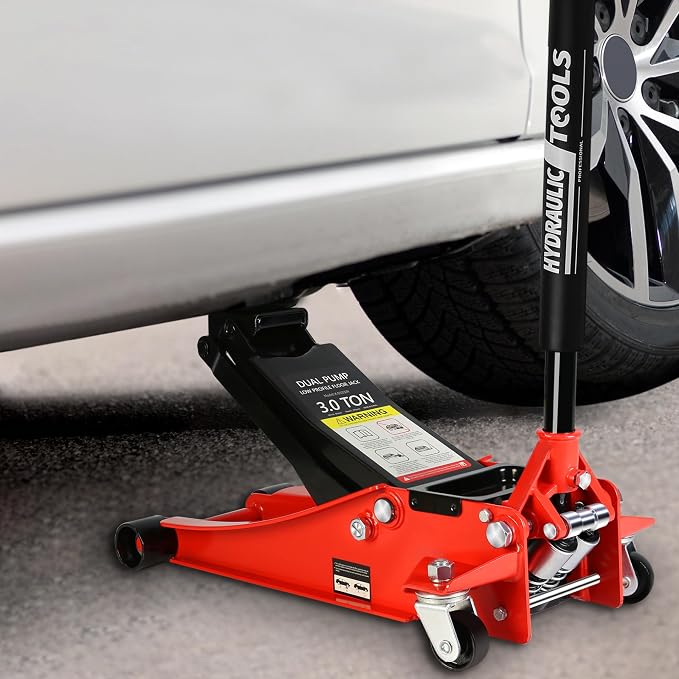 Floor Jack, Professional Heavy Duty Hydraulic Floor Jack, Low Profile Steel Racing Floor Jacks w/2 Piston Quick Lift Pump, Lifting 3.3"-18.5" 3 Ton(6000lb) Capacity Red