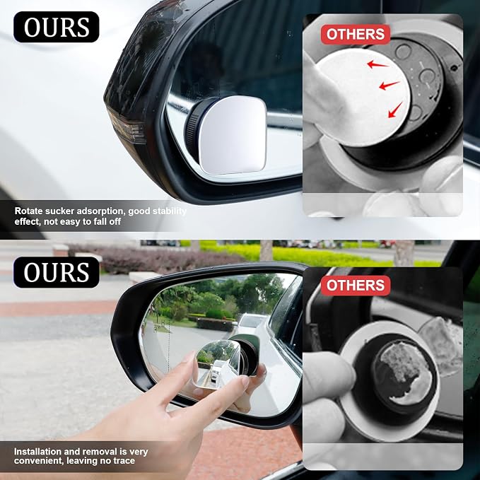 Blind Spot Car Mirror, Fan HD Glass Frameless Convex Side Mirror Blindspot, Reusable 360° Wide Angle Rear View Car Mirrors with Powerful Adjustable Suction Cup - Exterior Mirrors