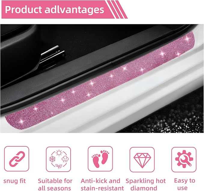 NETEPEM Bling Car Door Sill Protector 2PCS Car Door Edge Guard Rhinestones Door Threshold Protection 23.62x1.96 inch Anti-Scratch Strip Sticker Universal Bling Car Accessories(Pink)