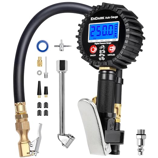 Digital Tire Pressure Gauge with Inflator: 250 PSI Air Compressor Attachment Inflation Gun with Heavy Duty 360° Air Chuck & Extended Hose and Quick Connect Coupler