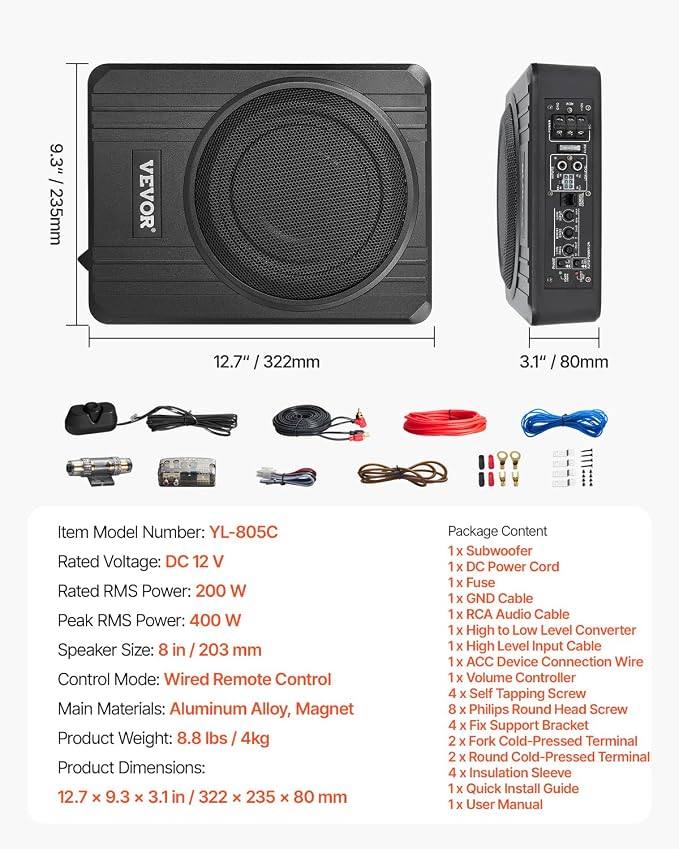 8" 400W Underseat Car Subwoofer, Slim Powered Car Subwoofers Under The Seat, Low Profile Audio Sub Built-in Amplifier, High/Low Level Input & Volume Controller for SUVs, Car, Truck, RV