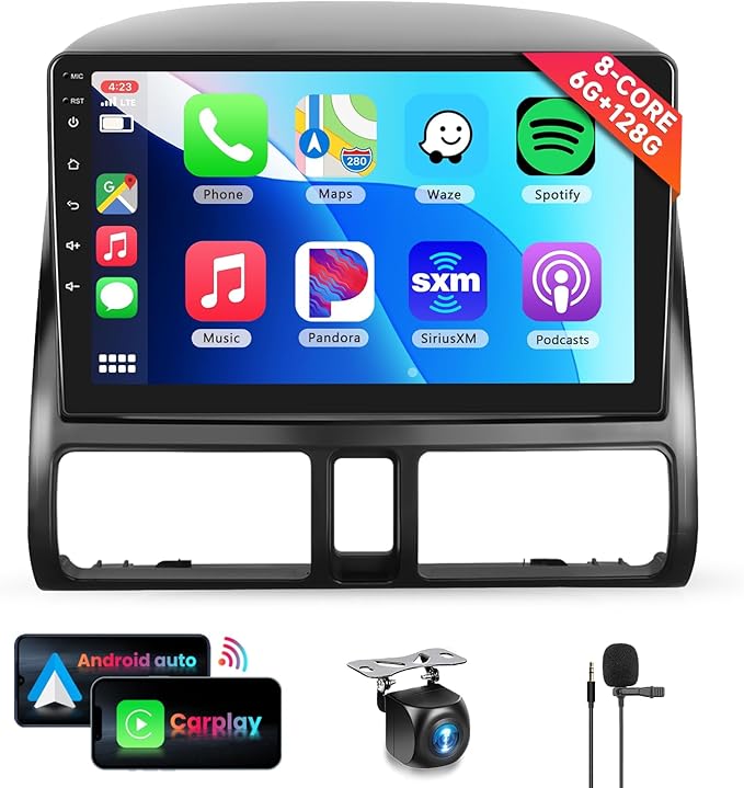 8 CORE 6G+128G Car Radio Stereo for Honda CRV 2002-2006 with Wireless CarPlay Android Auto, 9 Inch 1280 * 720P IPS Touch Screen Head Unit Android 13 GPS WiFi Bluetooth 32-Band DSP SWC HD Camera