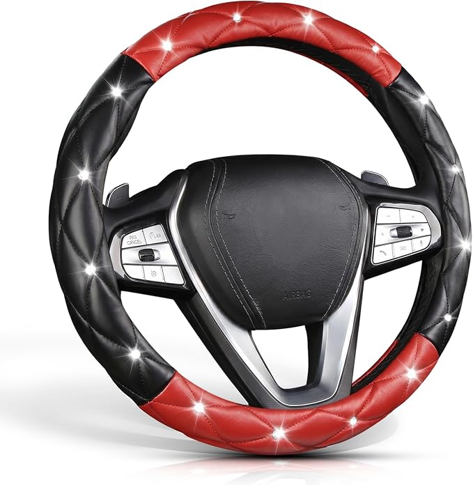 Black and Red Steering Wheel Cover, Auto Diamond Style Cute Bling Comfort Car Interior Accessories Protector Sparkly Fit Most O-Shaped Steering Wheels