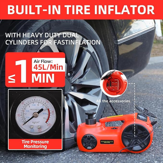 Upgraded Electric Hydraulic Car Jack Kit 5 Ton 12V Portable Lift Range 20.9 Inch with Impact Wrench and Tire Inflator Pump for SUV Sedan Truck Repair Floor Jack for Tire Change with LED Light
