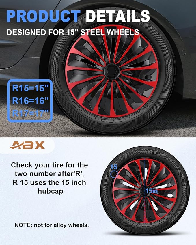 Hubcap Wheel Covers Hub Caps 15 Inch Set of 4 Black & Red Universal Wheel Rim Cover R15 Stylish Car Decor Wheel Covers for Toyota Camry Nissan Mazda (TT Black & Red, 15 inch)