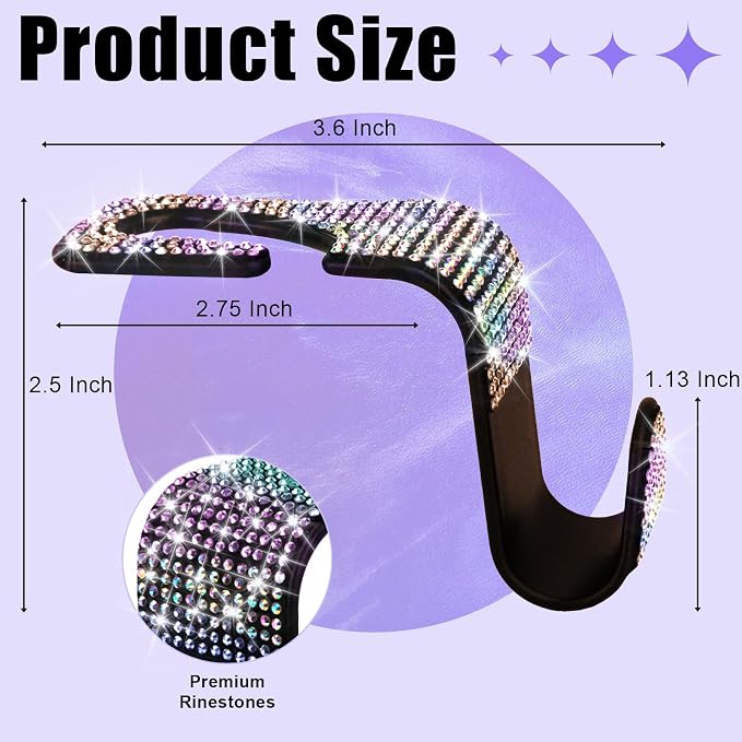 6 Pack Bling Car Seat Headrest Hooks, Bling Car Accessories for Women, Rhinestone Purse Hook for Car, Universal Storage Organizer for Handbag Grocery Bags Coats (Bling Colorful)