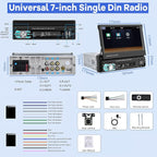 Single Din Flip Out Screen Car Stereo with Wireless Carplay and Android Auto, 7 inch 1 Din Touch Screen Radio Support Bluetooth/SWC/USB/FM + Backup Camera + Mic + Remote Control