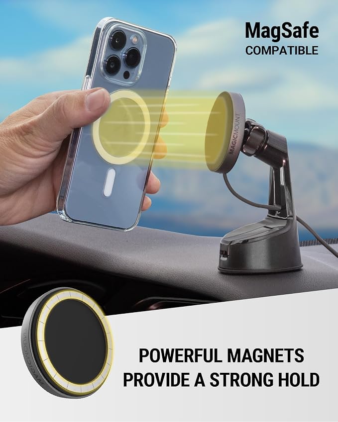 MagicMount Charge Pro Qi2 Fast Wireless Charging MagSafe Car Mount Charger, 15W Magnetic Cell Phone Holder for Car Dashboard/Windshield Compatible with iPhone 16/15/14/13/12 Pro Max Plus, S25