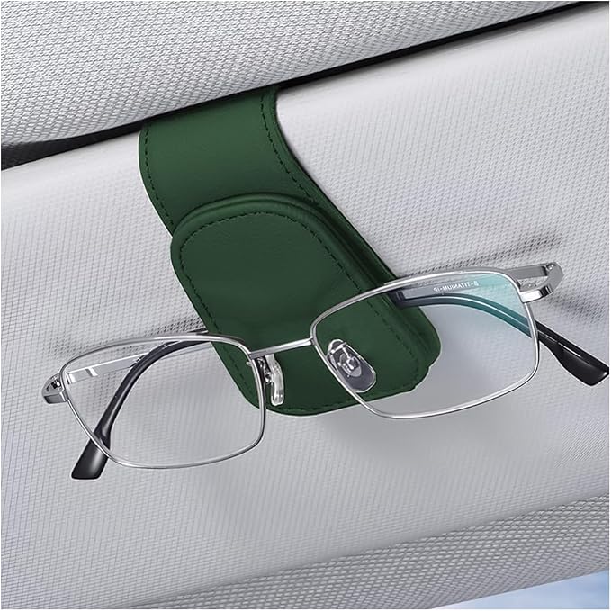 Sunglasses Holder for Car Sun Visor, Vehicle Magnetic Leather Eyeglass Hanger, Sun Glasses Mount Clip on Visors, Ticket Card Cash Organizer, Auto Interior Accessories (Black/Green, 1 PCS)