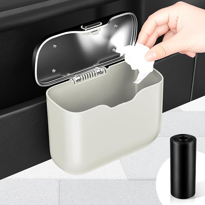 Car Trash Can, Car Garbage Bin with Lid & Handle - Leak-Proof Mini Trash Can for Car, Truck, SUV - Essential Car Accessories for Organization (White)