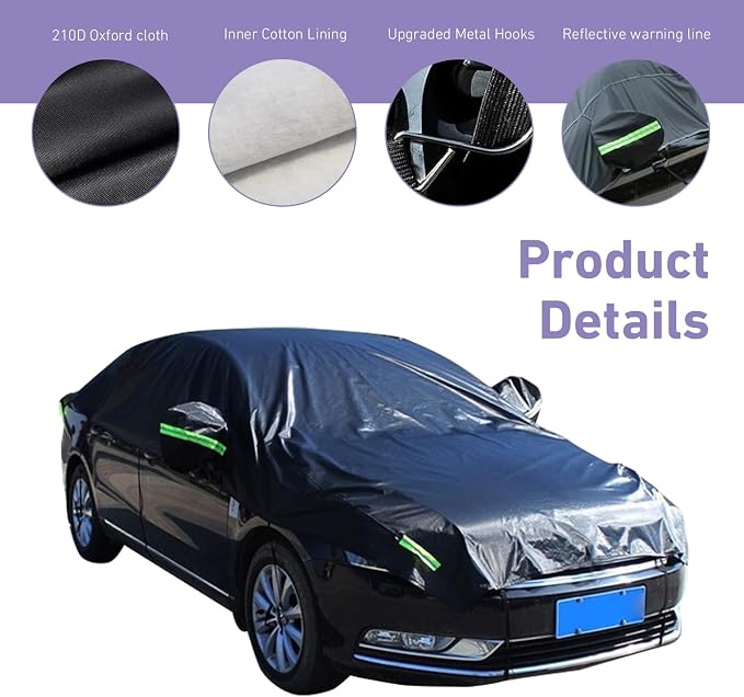 Half Car Cover, Thickened Oxford Waterproof Windshield Cover, All-Season Foldable Protective Shield for Rain Ice Snow Sand Leaves, for Most Sedans (Black, 17Ft Long)