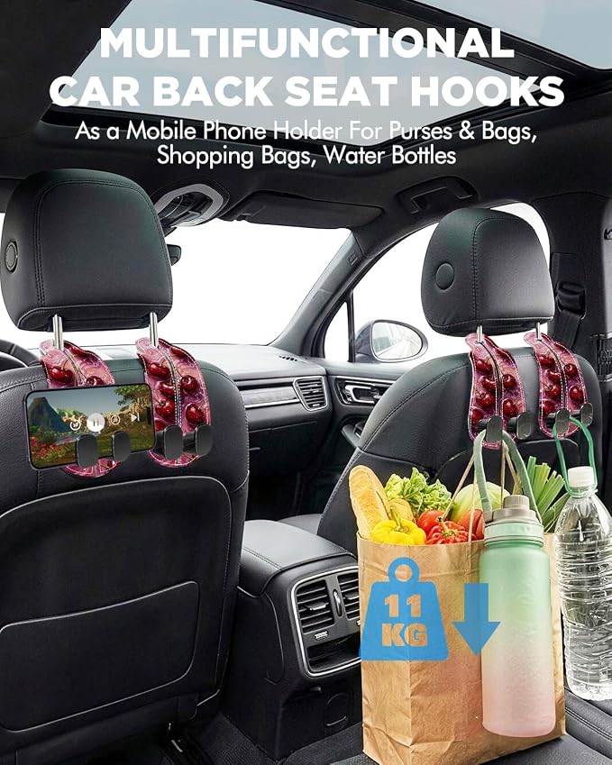 Purse Holder for Car, 2 Pack Heavy Duty Purse Hanger for Car, PU Leather Car Seat Hooks for Purses and Bags, Cute Cherry Headrest Organizer for Handbags & Backpacks