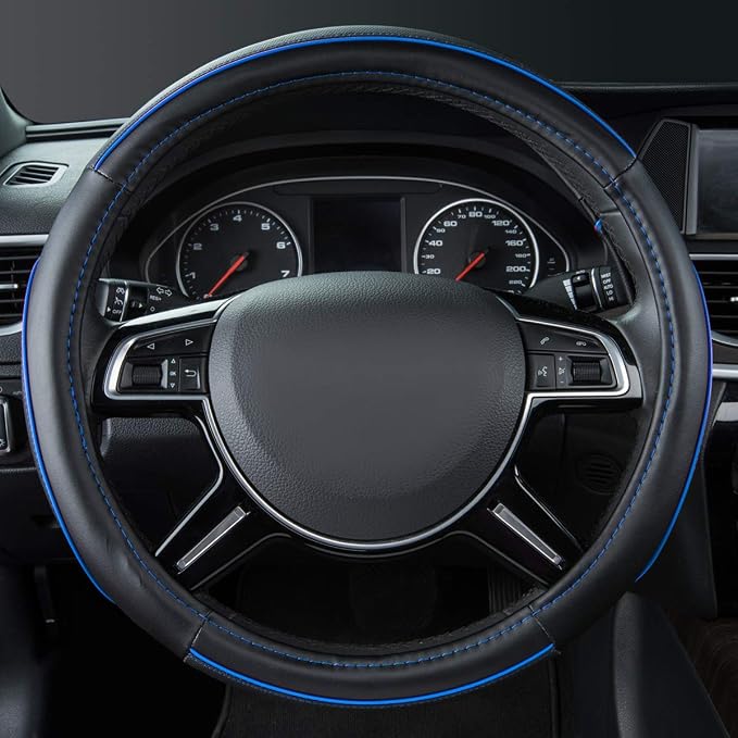 Colour Piping Leather Universal Fit Steering Wheel Cover,Perfectly fit for 14.5-15 inches Suvs, Vans, Trucks, Sedans, Cars (Black&Blue)