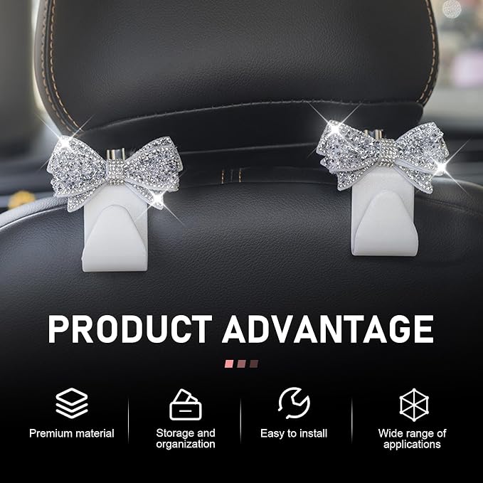 2PCS Bling Bow Car Seat Headrest Hooks, S Type Cute Bow Car Seat Back Hanger Storage for Purses Bags Grocery, Crystal Rhinestone Vehicle Rear Seats Organizer, Universal for Most Cars (White)