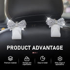 2PCS Bling Bow Car Seat Headrest Hooks, S Type Cute Bow Car Seat Back Hanger Storage for Purses Bags Grocery, Crystal Rhinestone Vehicle Rear Seats Organizer, Universal for Most Cars (White)