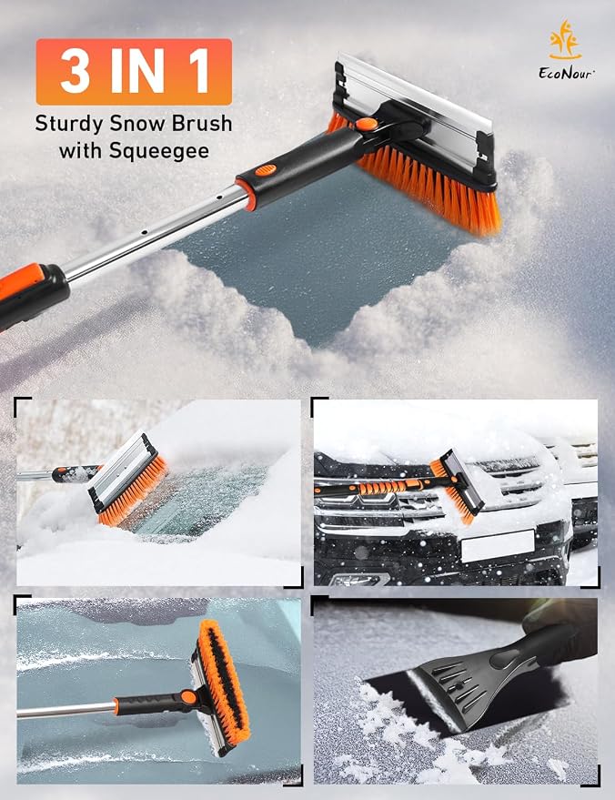 55" Telescopic Snow Brush and Ice Scraper for Car Windshield & Windows | 270° Rotating Snow Broom with Squeegee | Extendable Snow Removal Brush for SUV, Truck, and Car