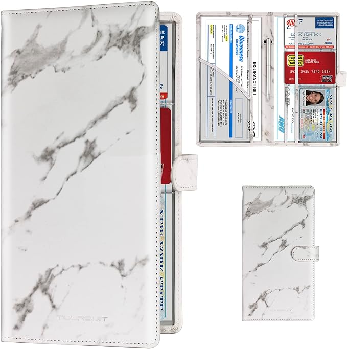 Car Registration and Insurance Card Holder, Vehicle License Document Glove Box Compartment Organizer, Interior Car Accessories for Women Men (Marble Grey)