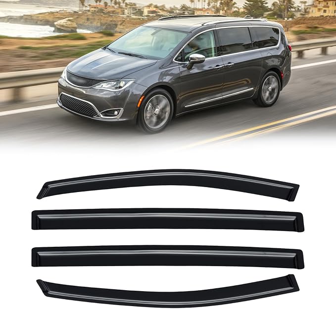 Rain Guards for 2017-2026 Chrysler Pacifica, Out-Channel Window Visor Shields Vent Deflector Shade Wind Dark Smoke 2018 2019 2020 2021 2022 2023 2024 18 19 20 21 22 23 24, Tape-On Outside-Mount, 4PCS