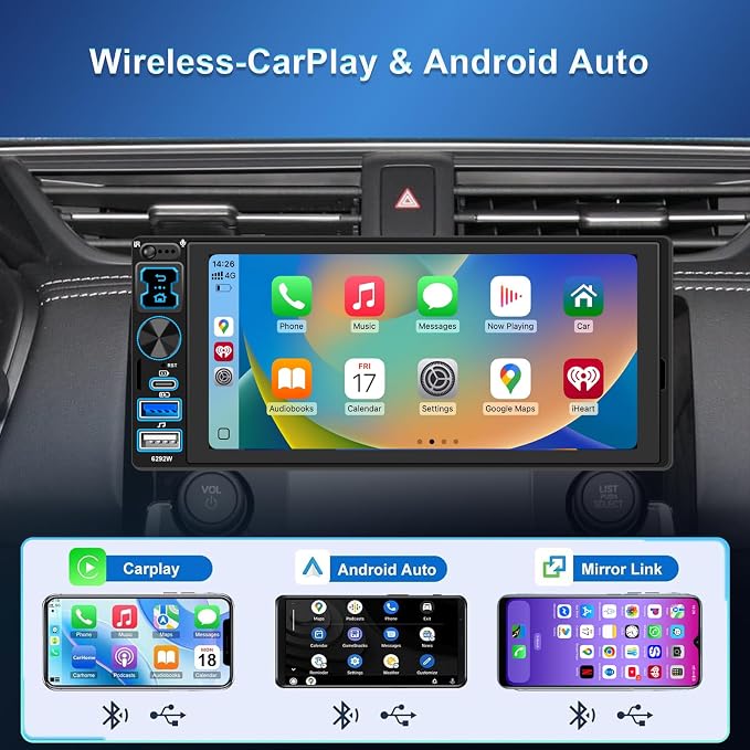 Single DIN Car Stereo Radio with Wireless Apple CarPlay & Android Auto, 6.8" IPS 1280x600 Touchscreen, Car Bluetooth 5.2, FM Radio, Backup Camera, Dual USB, EQ Audio, 180W Subwoofer Car Audio Receiver