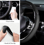 Car Steering Wheel Cover Leather Snap On 3Pcs Set Non-Slip Protector Wrap Steering Wheel Accessories 14.5-15 inch Universal Black