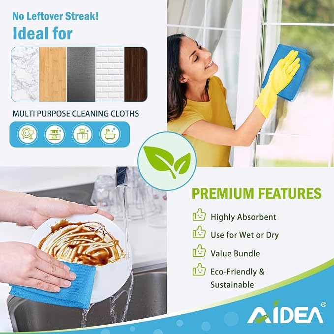 AIDEA Microfiber Cleaning Cloth Blue-100PK, Soft Absorbent Shop Rags, Microfiber Towels for Cars, Kitchen Towels, Dusting Cloth for Home, Window, Cleaning Supplies, 12"×12"